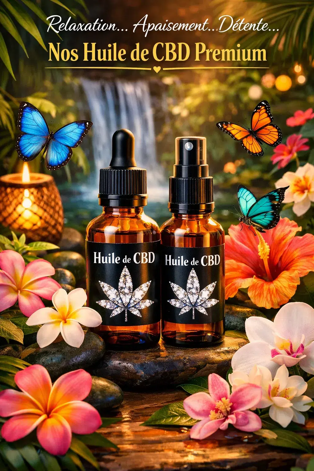 Flacons d'huile de CBD avec papillons et fleurs