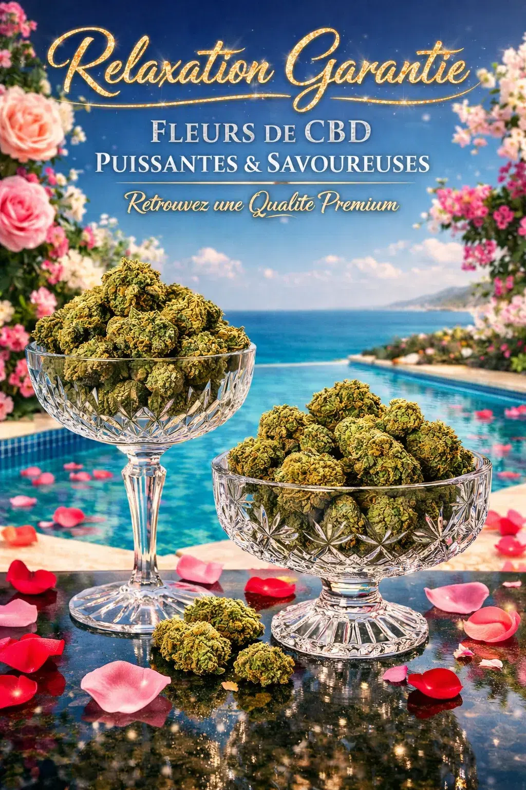 Fleurs de CBD dans des coupes en cristal près d'une piscine