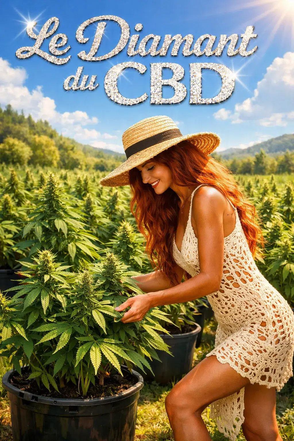 Femme souriante dans un champ de cannabis