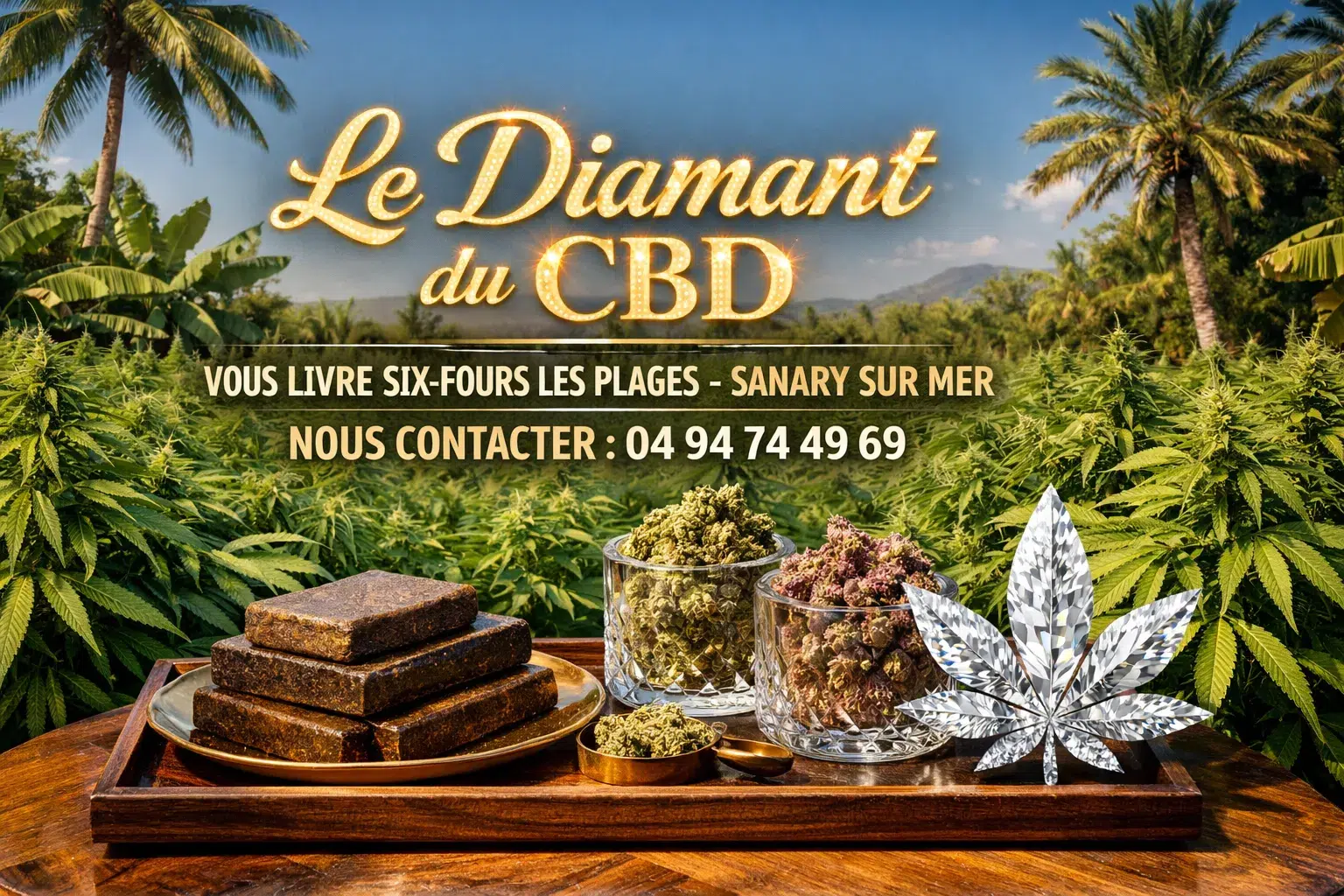 Plateau avec produits CBD devant plantation