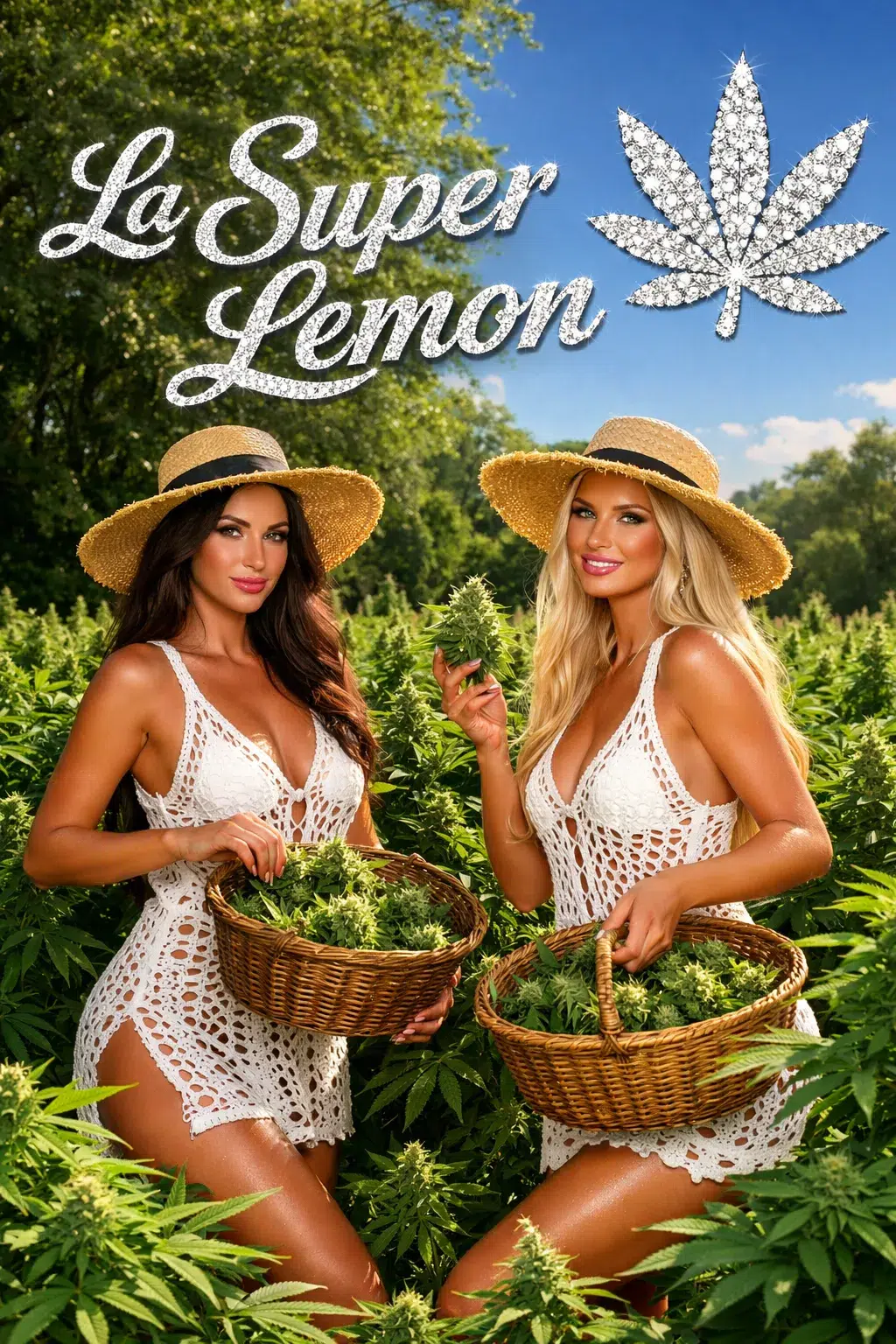 Deux femmes dans un champ de cannabis, tenues blanches, panier