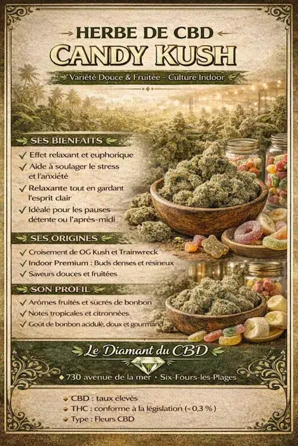 Herbe de CBD Candy Kush douce et fruitée Publicité pour herbe de CBD Candy Kush